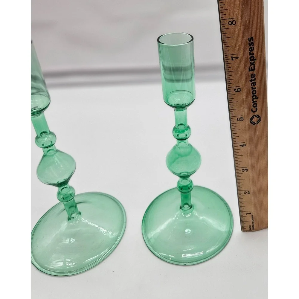 Vintage Style Green Glass Taper Candle Holders Set of 2 Turned Stem 7.5 Inch